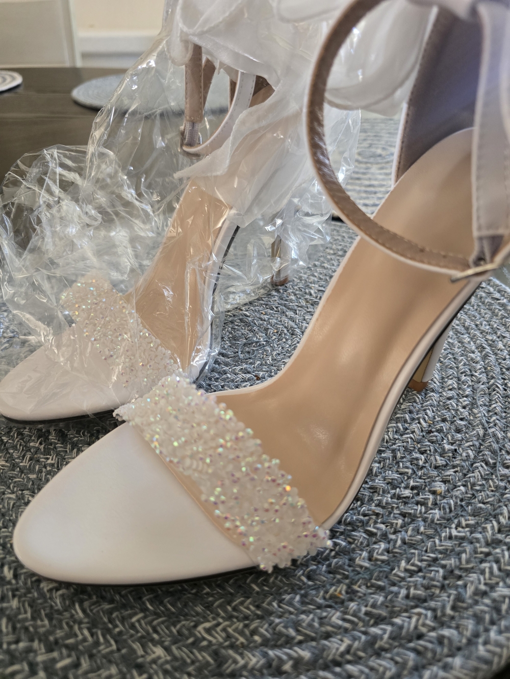 Elegant White Satin Bridal Heels with Crystal Strap - Picture 4 of 7
